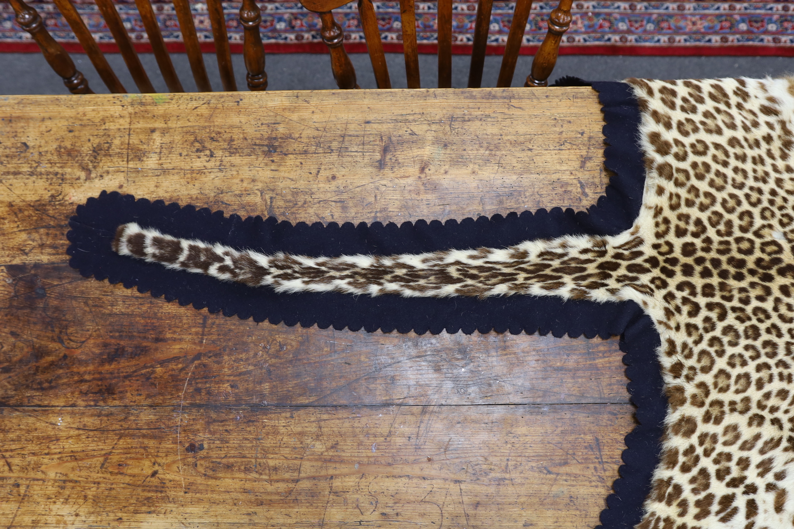 Taxidermy: Indian Leopard Skin Rug (Panthera pardus fusca), late 1930s, by Van Ingen & Van Ingen, Taxidermist's, Mysore, India, stencilled inventory no.22681, 199cm long